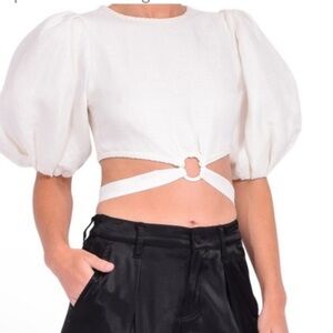 Alice + Olivia Colette White Tie Back Puffed Sleeves Crop Top